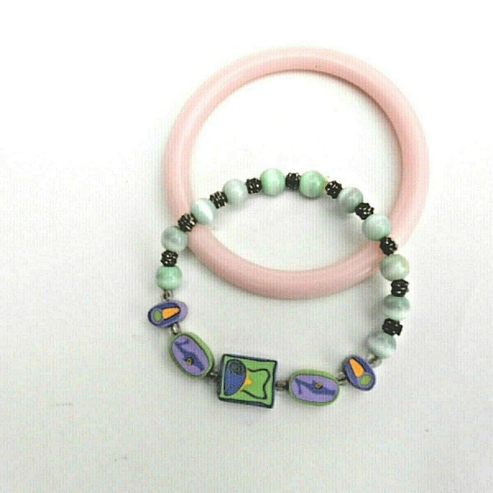 2 Pc Polymer Clay Novelty & Cats Eye Bead Stretch Bracelet + Pink Lucite Bangle - Picture 2 of 3